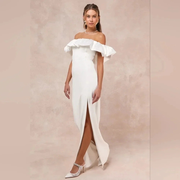 Lulu's Sincerely Passionate White Ruffled Off-the-Shoulder Maxi Dress S Wedding - Picture 3 of 13
